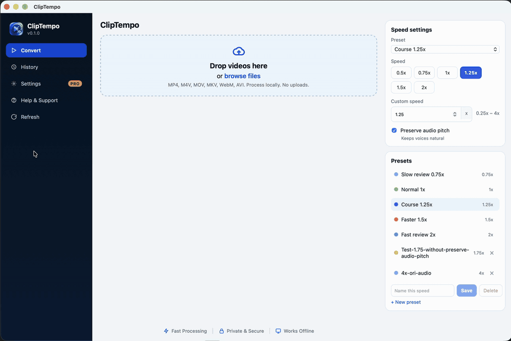 ClipTempo demo: drop a video, change speed, and export locally on Mac